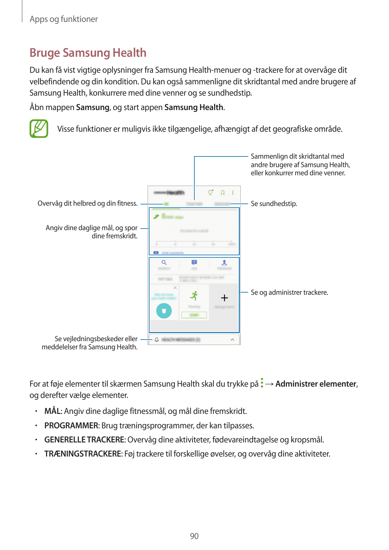 Apps og funktionerBruge Samsung HealthDu kan få vist vigtige oplysninger fra Samsung Health-menuer og -trackere for at overvåge 