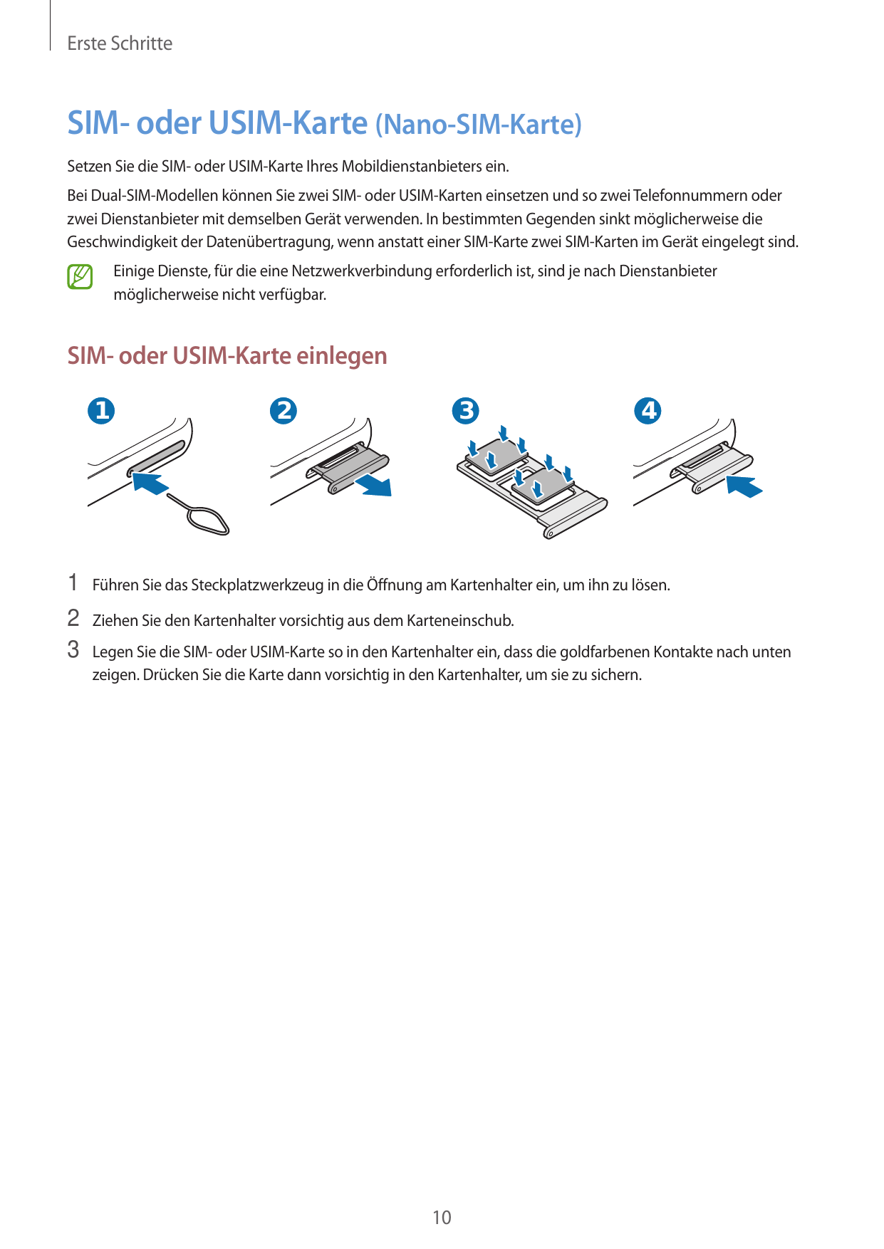 Erste SchritteSIM- oder USIM-Karte (Nano-SIM-Karte)Setzen Sie die SIM- oder USIM-Karte Ihres Mobildienstanbieters ein.Bei Dual-S