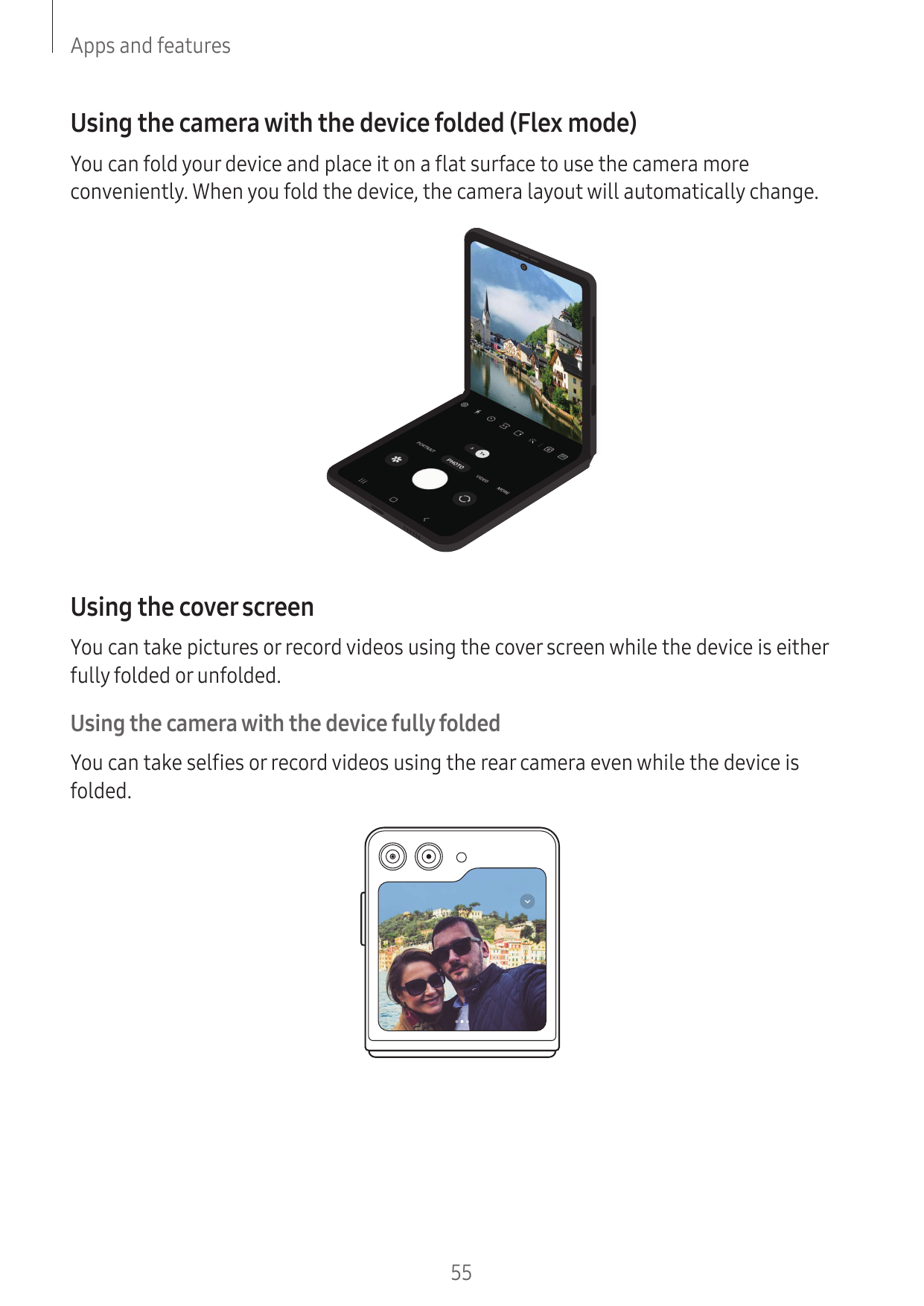 Apps and featuresUsing the camera with the device folded (Flex mode)You can fold your device and place it on a flat surface to u
