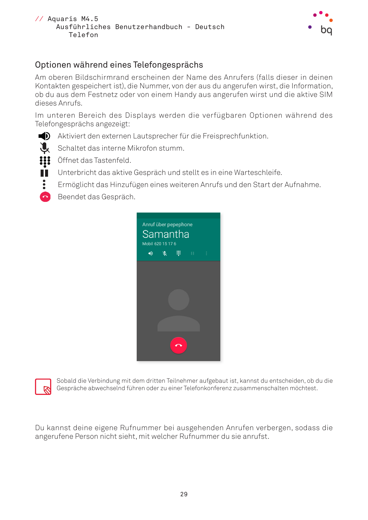 // Aquaris M4.5Ausführliches Benutzerhandbuch - DeutschTelefonOptionen während eines TelefongesprächsAm oberen Bildschirmrand er