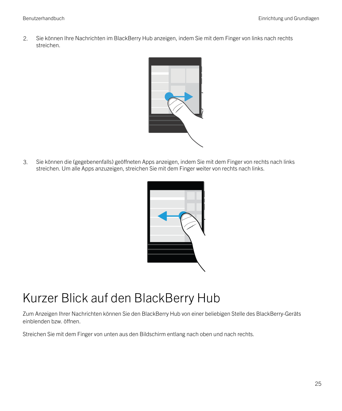 BenutzerhandbuchEinrichtung und Grundlagen2.Sie können Ihre Nachrichten im BlackBerry Hub anzeigen, indem Sie mit dem Finger von