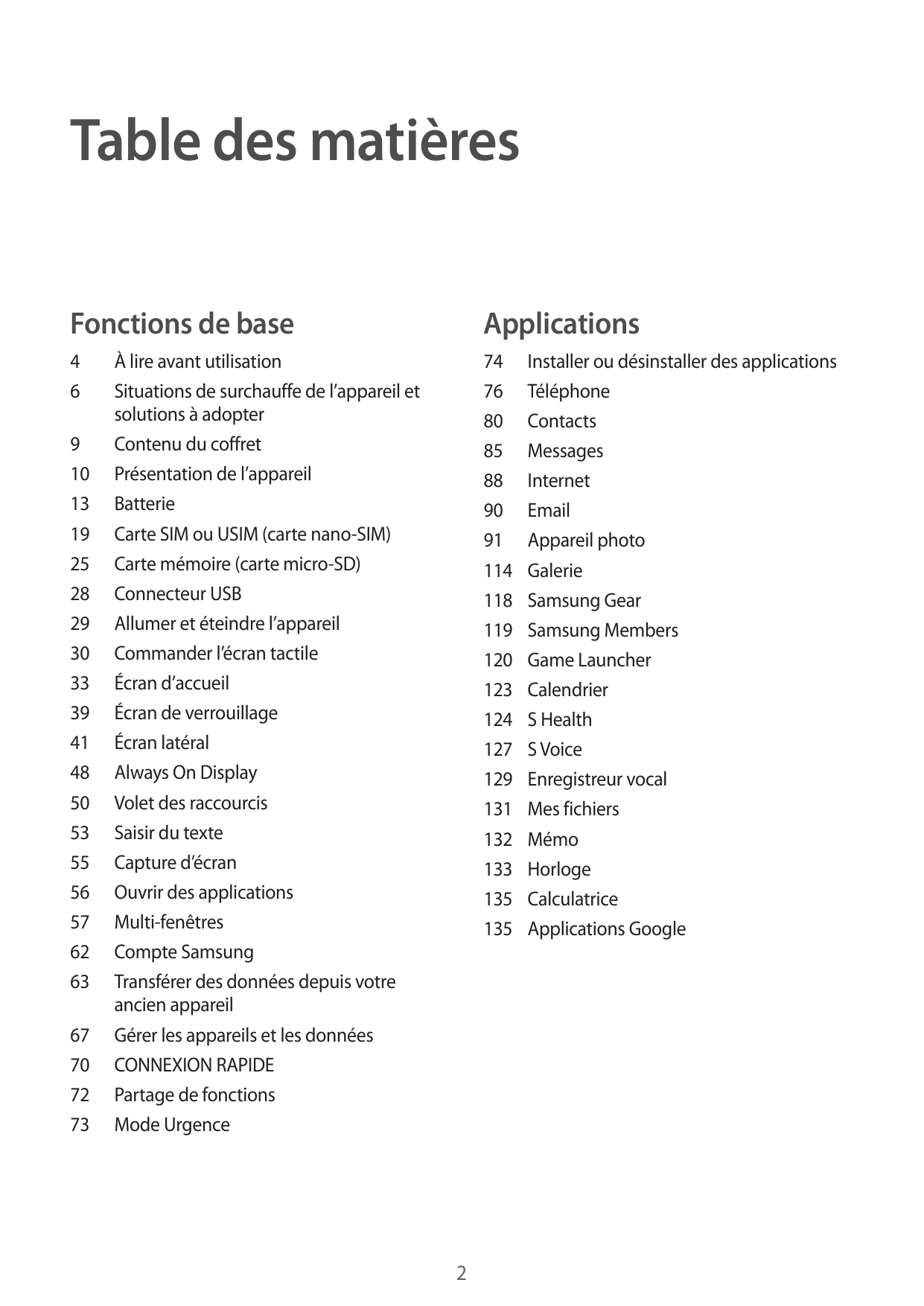 Table des matièresFonctions de baseApplications4674 Installer ou désinstaller des applications76Téléphone80Contacts85Messages88I