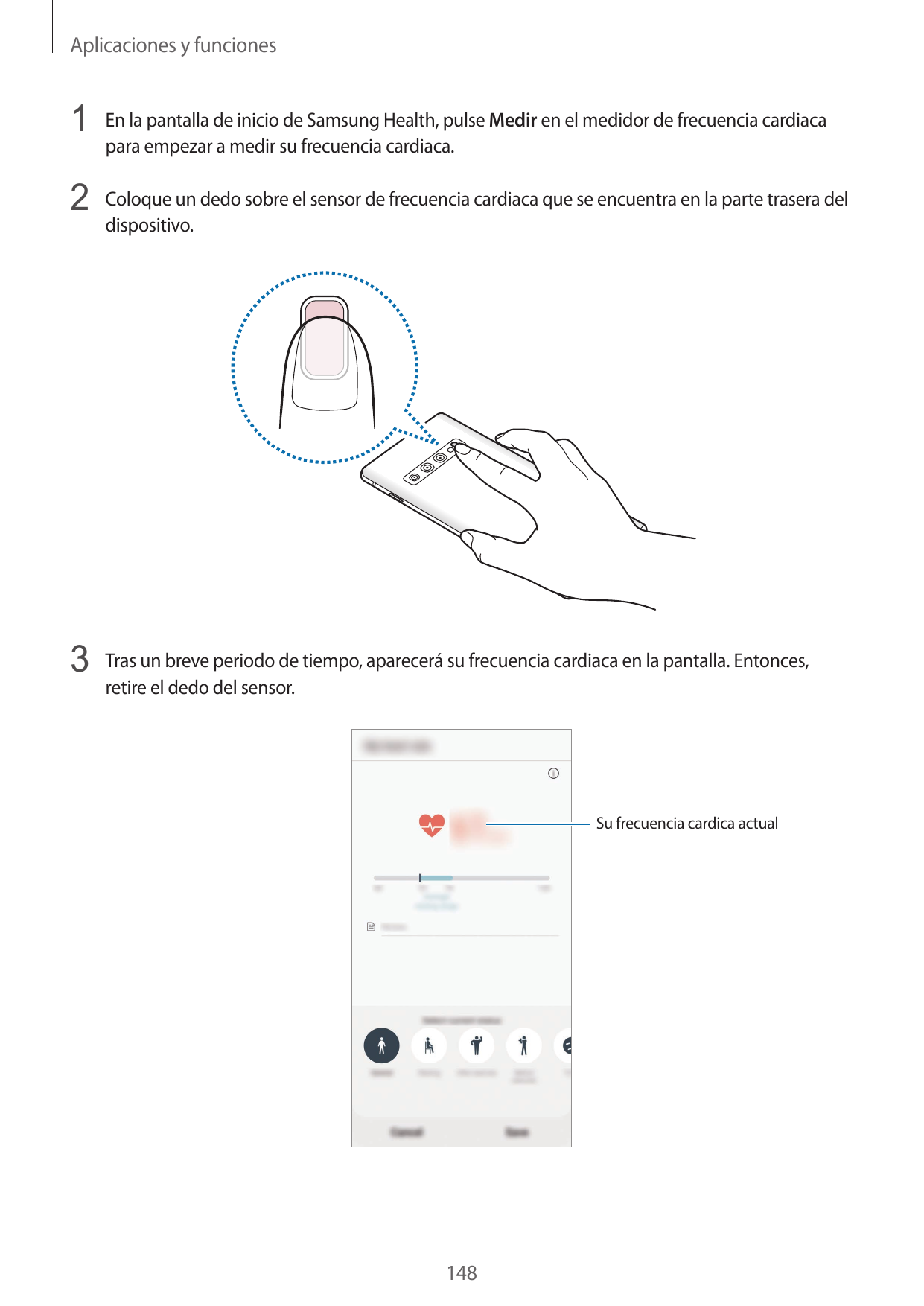 Aplicaciones y funciones1 En la pantalla de inicio de Samsung Health, pulse Medir en el medidor de frecuencia cardiacapara empez