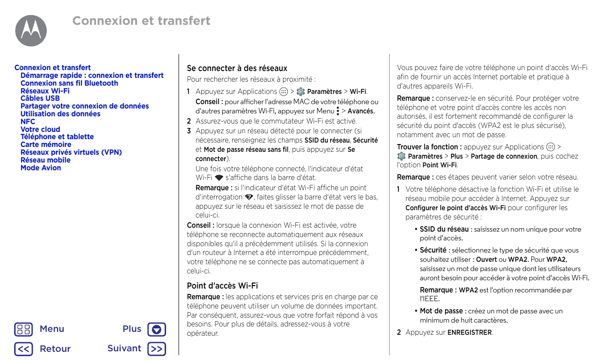 Connexion et transfertConnexion et transfertDémarrage rapide : connexion et transfertConnexion sans fil BluetoothRéseaux Wi-FiCâ