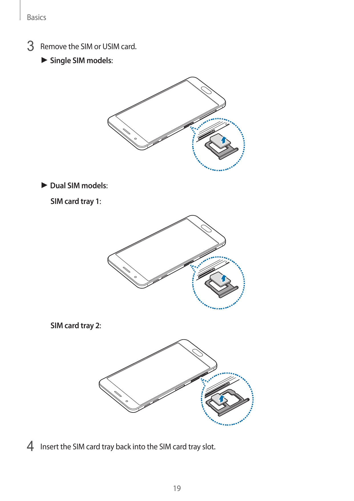 Basics3 Remove the SIM or USIM card.► Single SIM models:► Dual SIM models:SIM card tray 1:SIM card tray 2:4 Insert the SIM card 