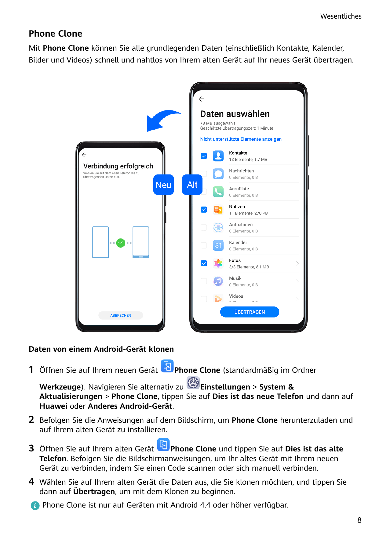 WesentlichesPhone CloneMit Phone Clone können Sie alle grundlegenden Daten (einschließlich Kontakte, Kalender,Bilder und Videos)