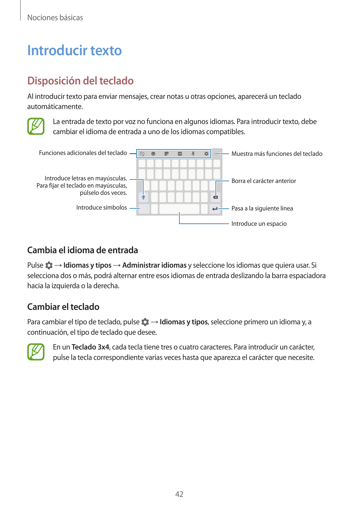 Nociones básicasIntroducir textoDisposición del tecladoAl introducir texto para enviar mensajes, crear notas u otras opciones, a