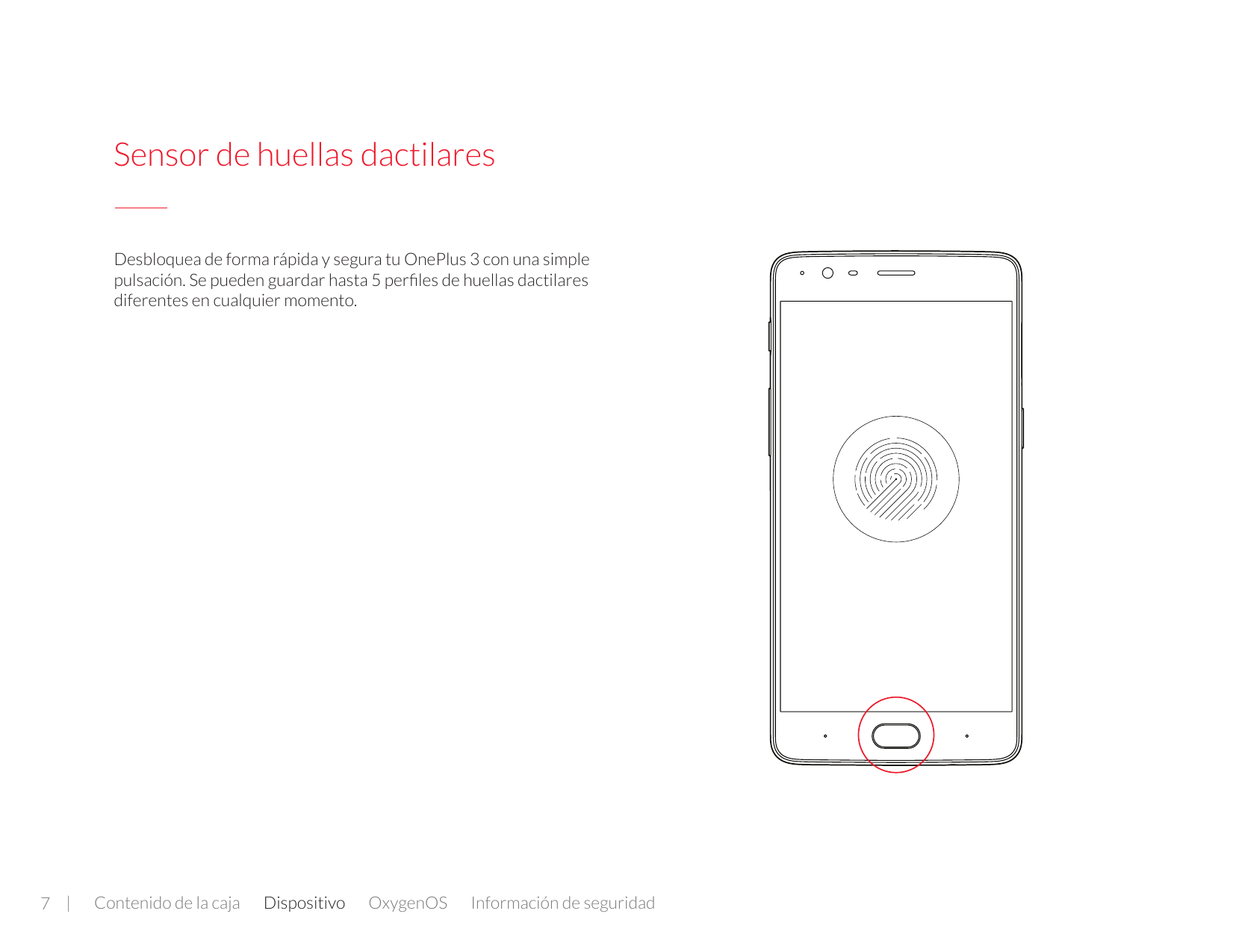Sensor de huellas dactilaresDesbloquea de forma rápida y segura tu OnePlus 3 con una simplepulsación. Se pueden guardar hasta 5 