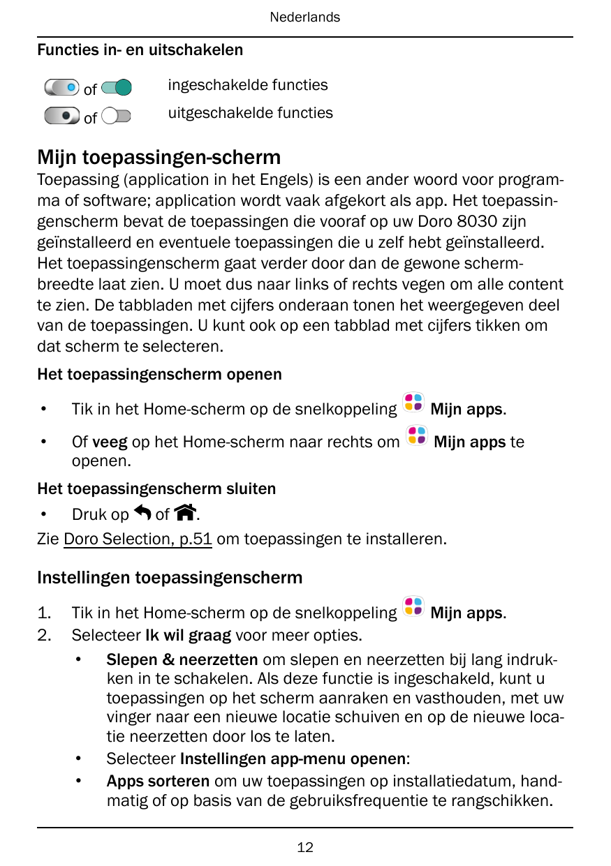 NederlandsFuncties in- en uitschakelenofingeschakelde functiesofuitgeschakelde functiesMijn toepassingen-schermToepassing (appli