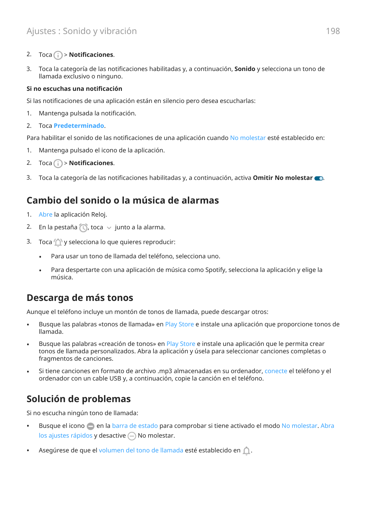 198Ajustes : Sonido y vibración2.Toca3.Toca la categoría de las notificaciones habilitadas y, a continuación, Sonido y seleccion