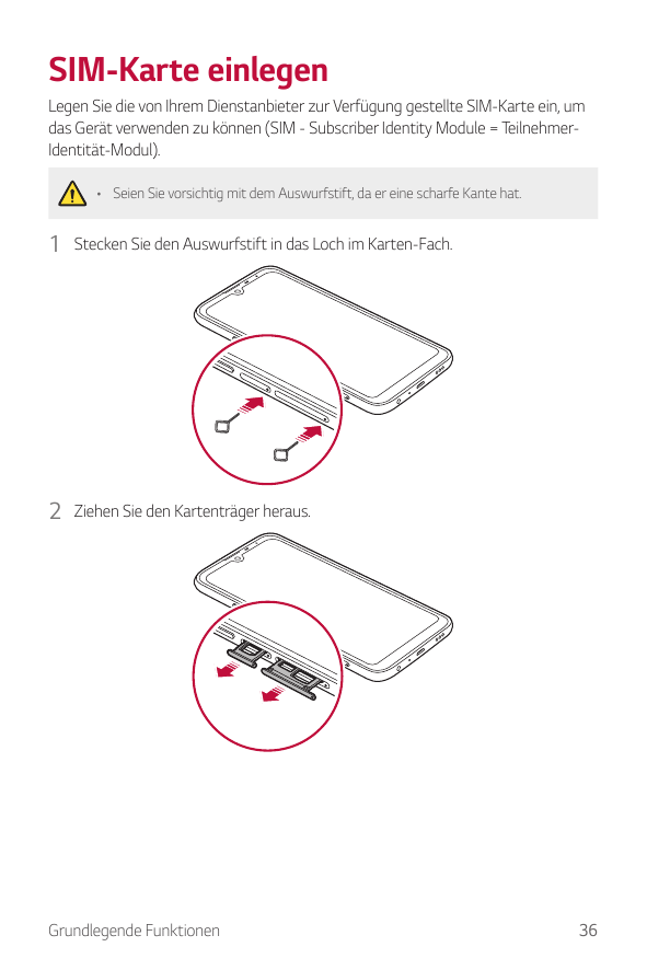 SIM-Karte einlegenLegen Sie die von Ihrem Dienstanbieter zur Verfügung gestellte SIM-Karte ein, umdas Gerät verwenden zu können 