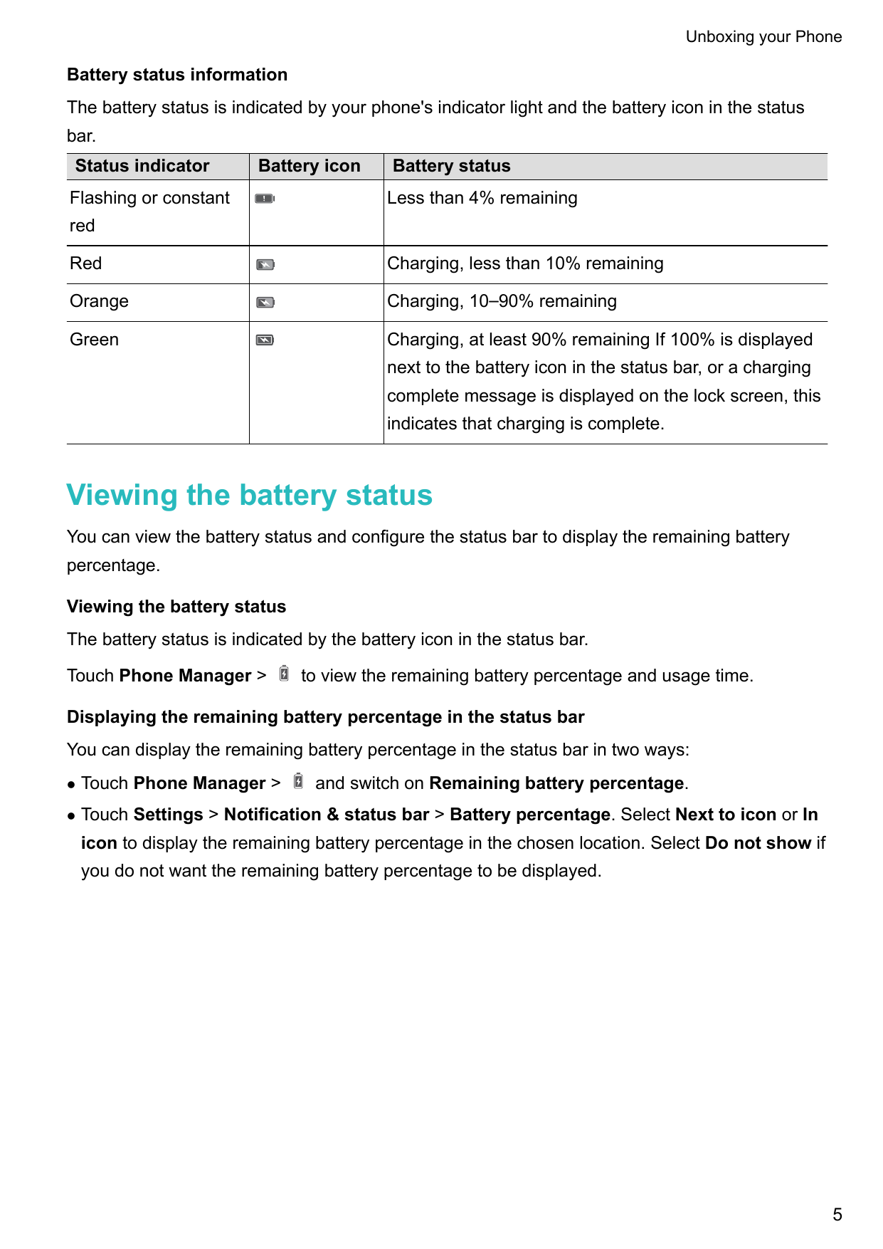 Unboxing your PhoneBattery status informationThe battery status is indicated by your phone's indicator light and the battery ico
