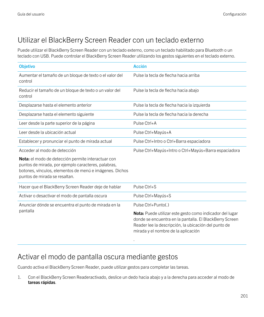 Guía del usuarioConfiguraciónUtilizar el BlackBerry Screen Reader con un teclado externoPuede utilizar el BlackBerry Screen Read