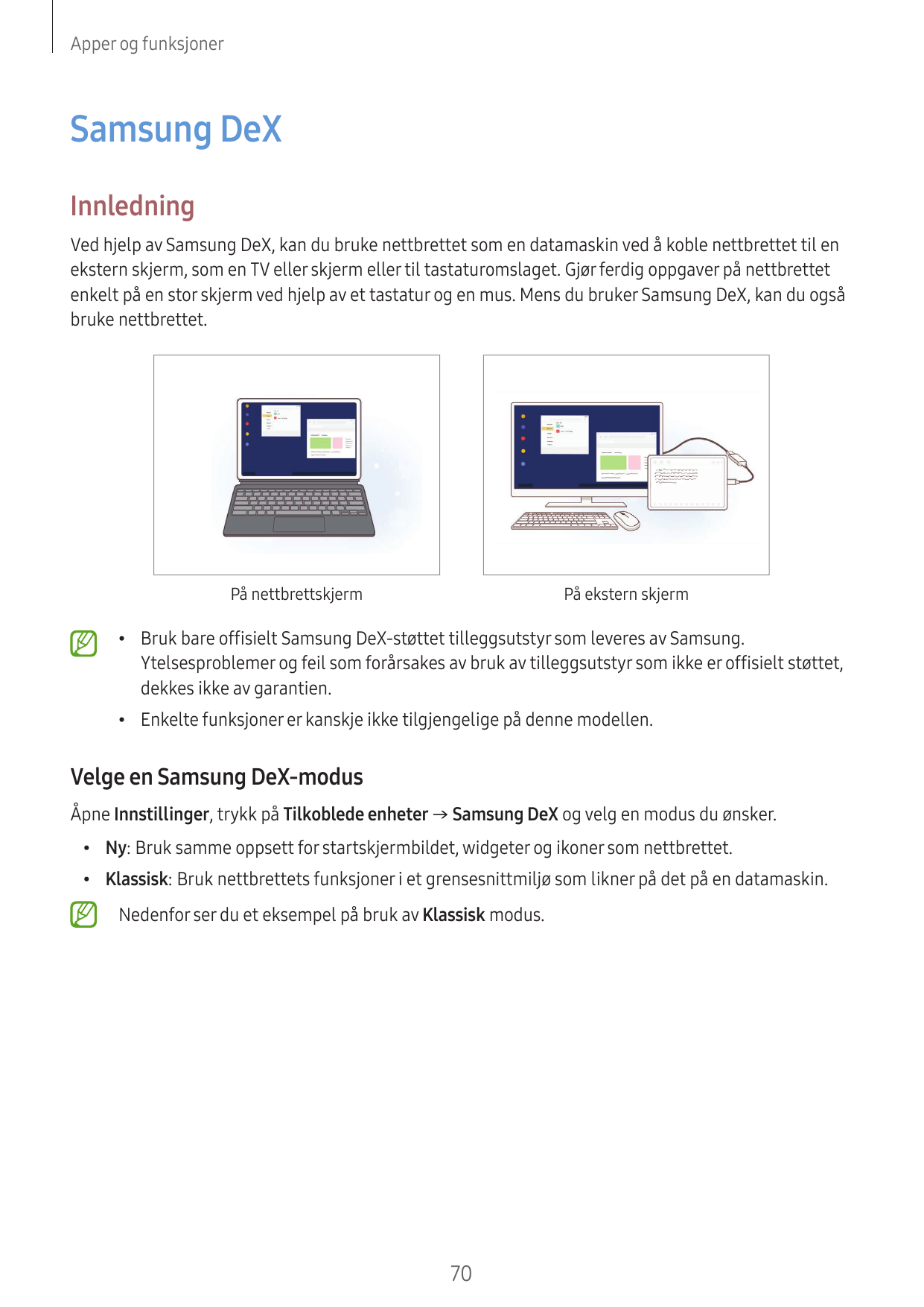 Apper og funksjonerSamsung DeXInnledningVed hjelp av Samsung DeX, kan du bruke nettbrettet som en datamaskin ved å koble nettbre