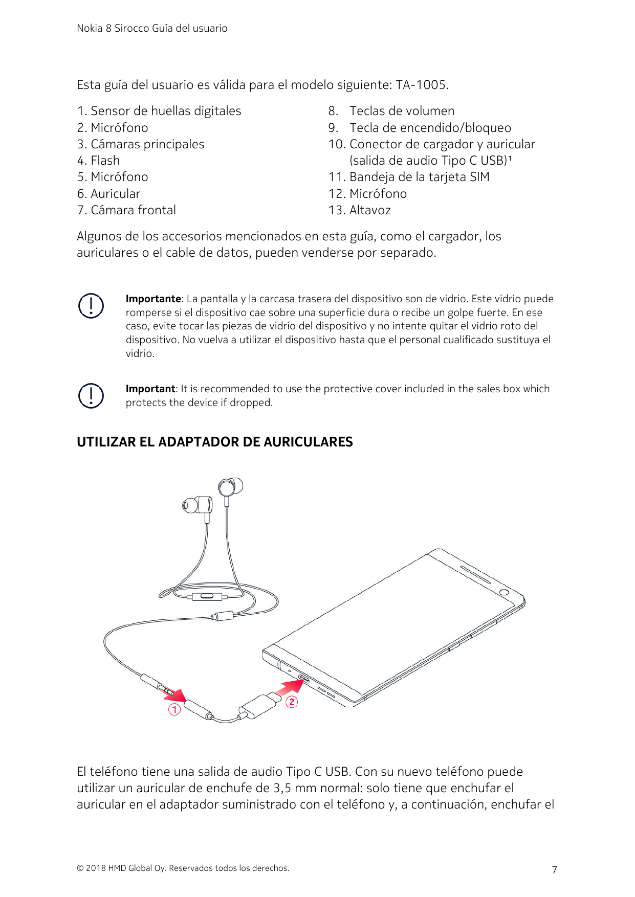 Nokia 8 Sirocco Guía del usuarioEsta guía del usuario es válida para el modelo siguiente: TA-1005.1. Sensor de huellas digitales