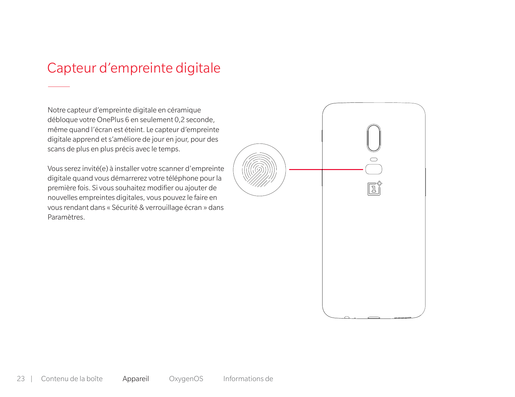 Capteur d’empreinte digitaleNotre capteur d’empreinte digitale en céramiquedébloque votre OnePlus 6 en seulement 0,2 seconde,mêm