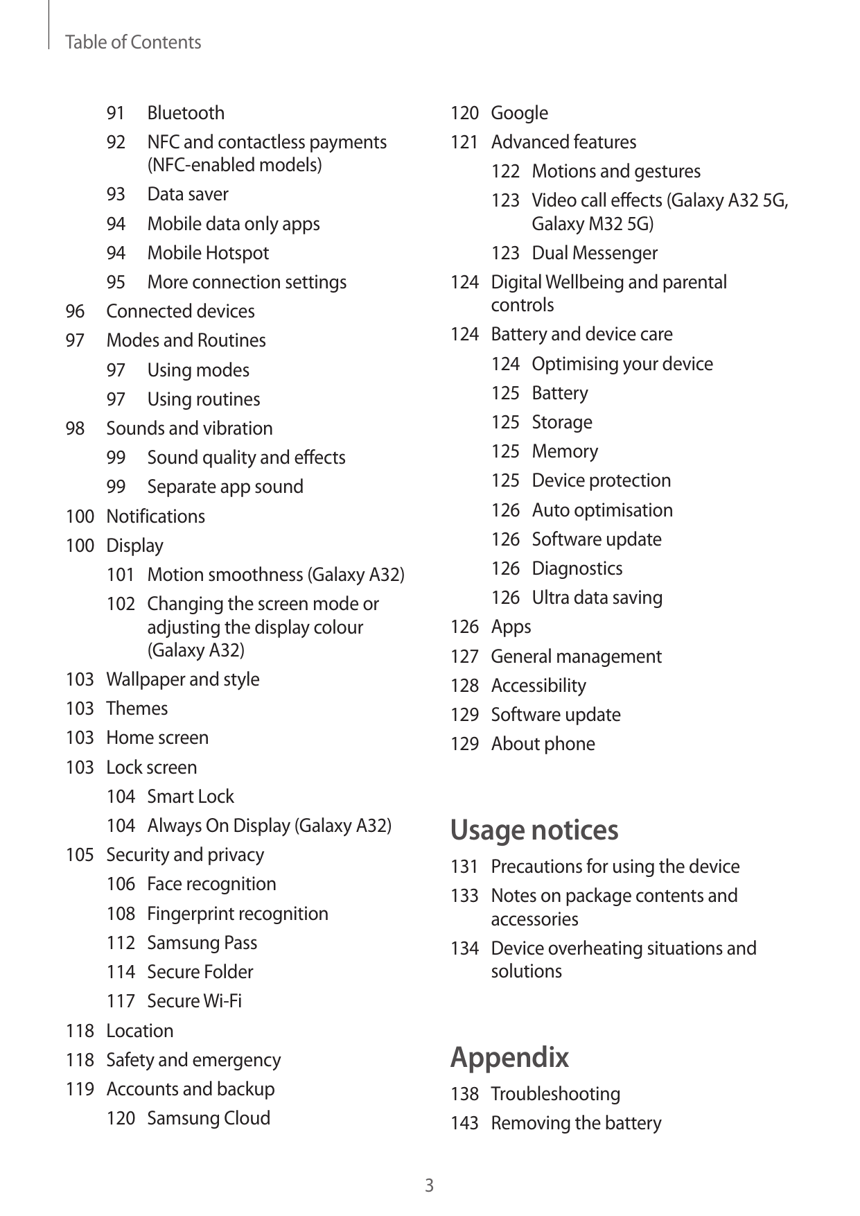 Table of Contents120Google121 Advanced features122 Motions and gestures123 Video call effects (Galaxy A32 5G,Galaxy M32 5G)123 D