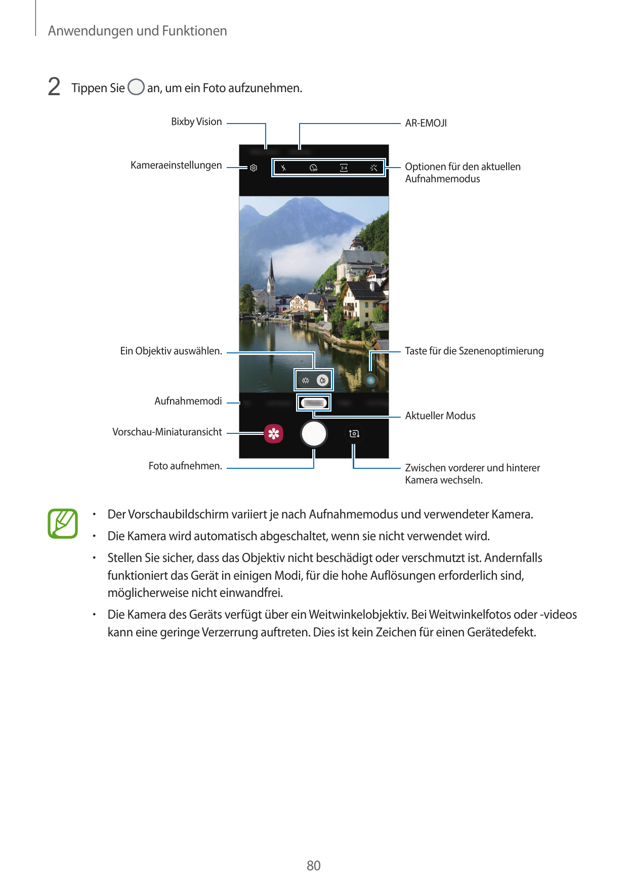 Anwendungen und Funktionen2 Tippen Siean, um ein Foto aufzunehmen.Bixby VisionAR-EMOJIKameraeinstellungenOptionen für den aktuel