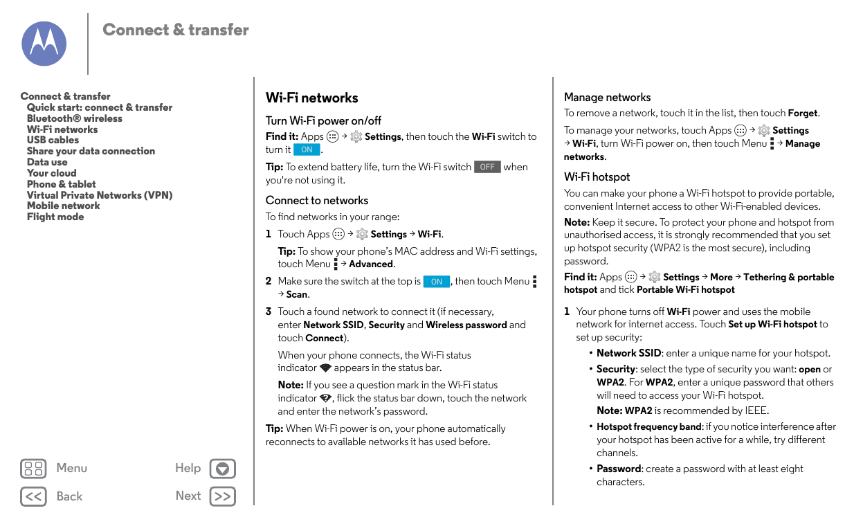 Connect & transferManage networksWi-Fi networksConnect & transferQuick start: connect & transferBluetooth® wirelessWi-Fi network