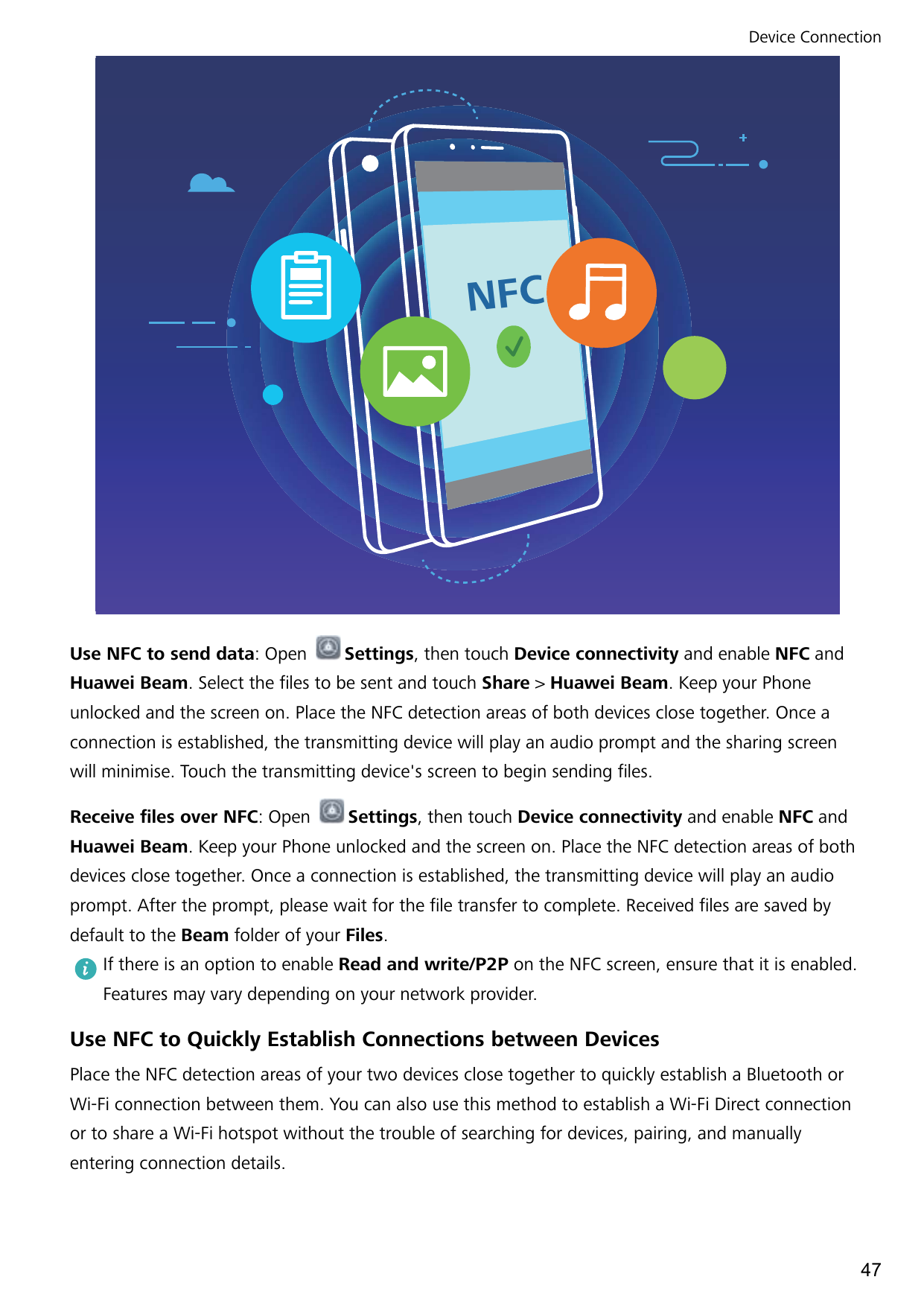 Device ConnectionNFCUse NFC to send data: OpenSettings, then touch Device connectivity and enable NFC andHuawei Beam. Select the