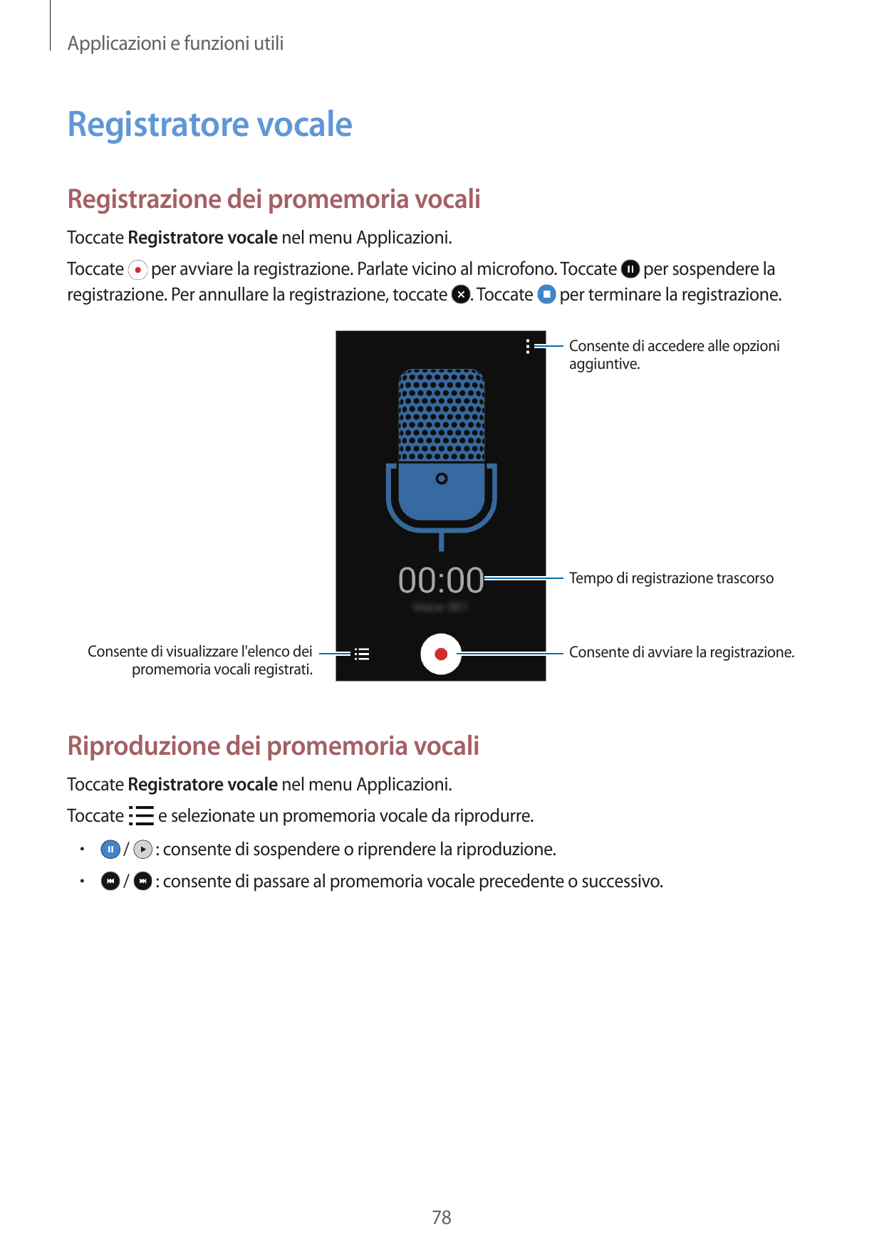 Applicazioni e funzioni utiliRegistratore vocaleRegistrazione dei promemoria vocaliToccate Registratore vocale nel menu Applicaz