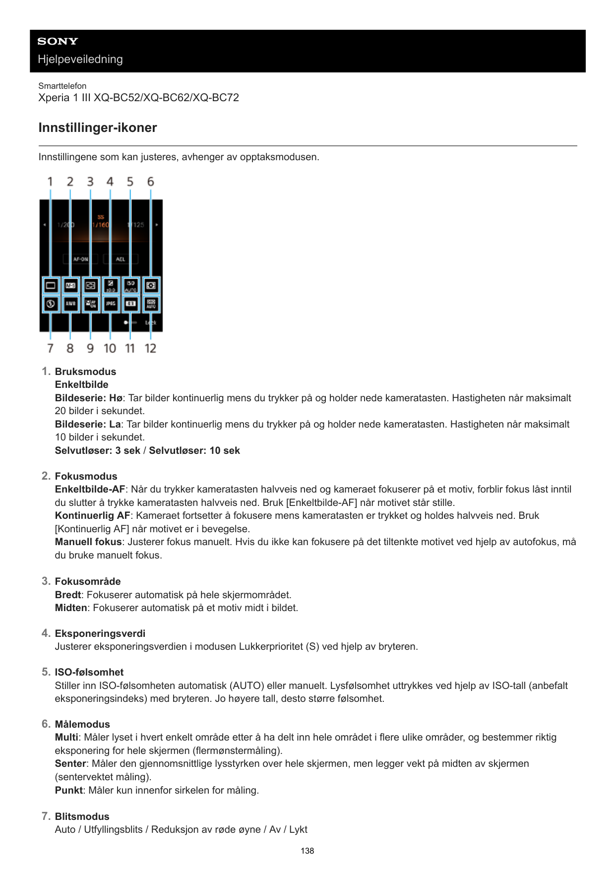 HjelpeveiledningSmarttelefonXperia 1 III XQ-BC52/XQ-BC62/XQ-BC72Innstillinger-ikonerInnstillingene som kan justeres, avhenger av