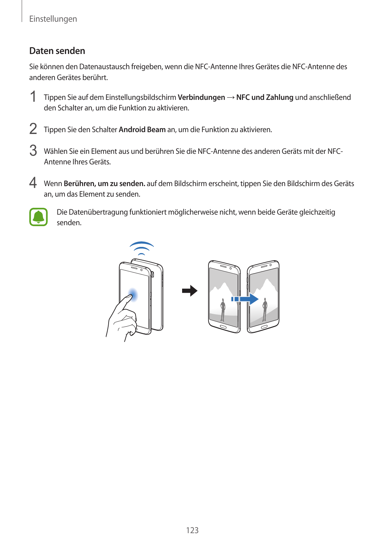 EinstellungenDaten sendenSie können den Datenaustausch freigeben, wenn die NFC-Antenne Ihres Gerätes die NFC-Antenne desanderen 