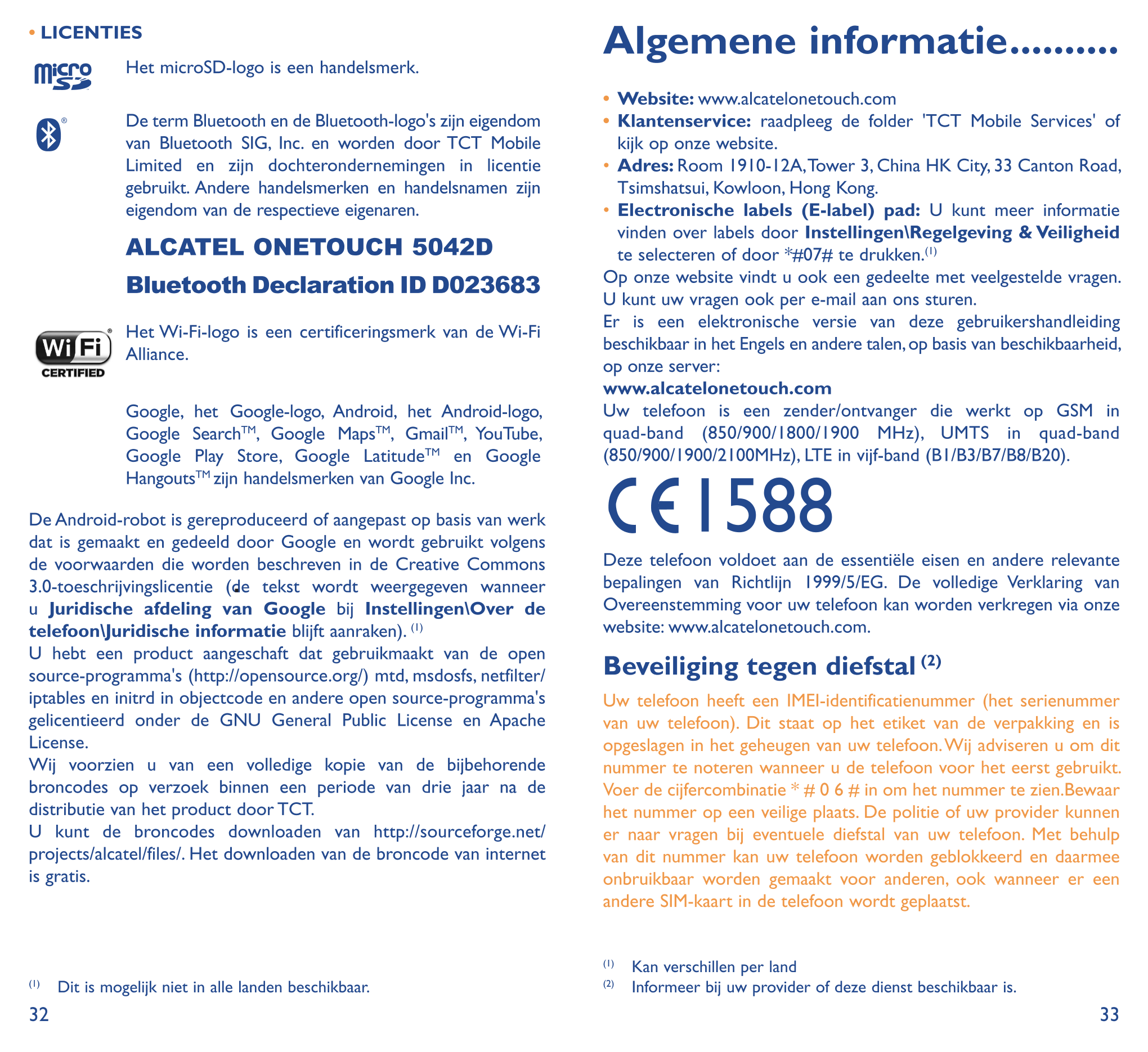• LICENTIES Algemene informatie ����������
Het microSD-logo is een handelsmerk.
•  Website:  www.alcatelonetouch.com
De term Blu