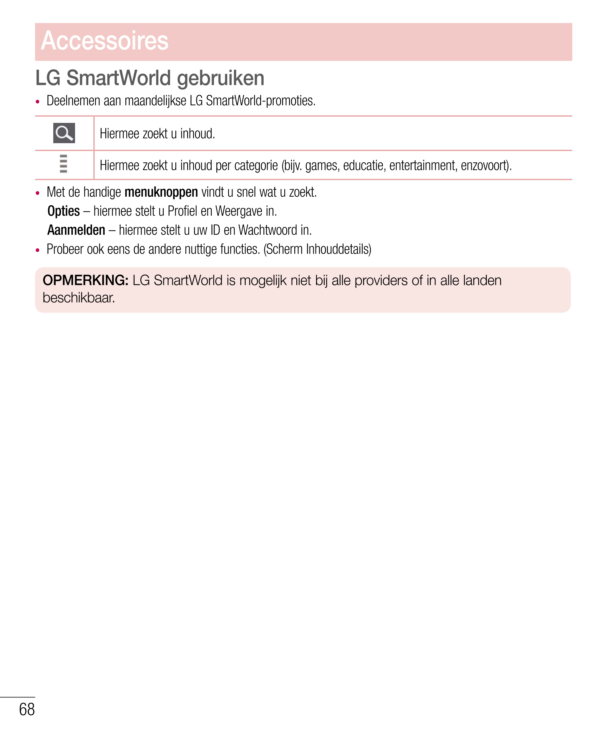 Accessoires
LG SmartWorld gebruiken
•  Deelnemen aan maandelijkse LG SmartWorld-promoties.
Hiermee zoekt u inhoud.
Hiermee zoekt