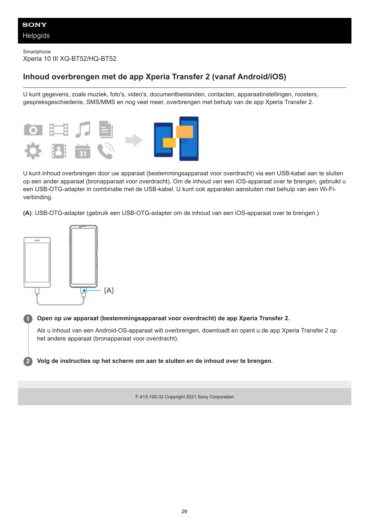 HelpgidsSmartphoneXperia 10 III XQ-BT52/HQ-BT52Inhoud overbrengen met de app Xperia Transfer 2 (vanaf Android/iOS)U kunt gegeven