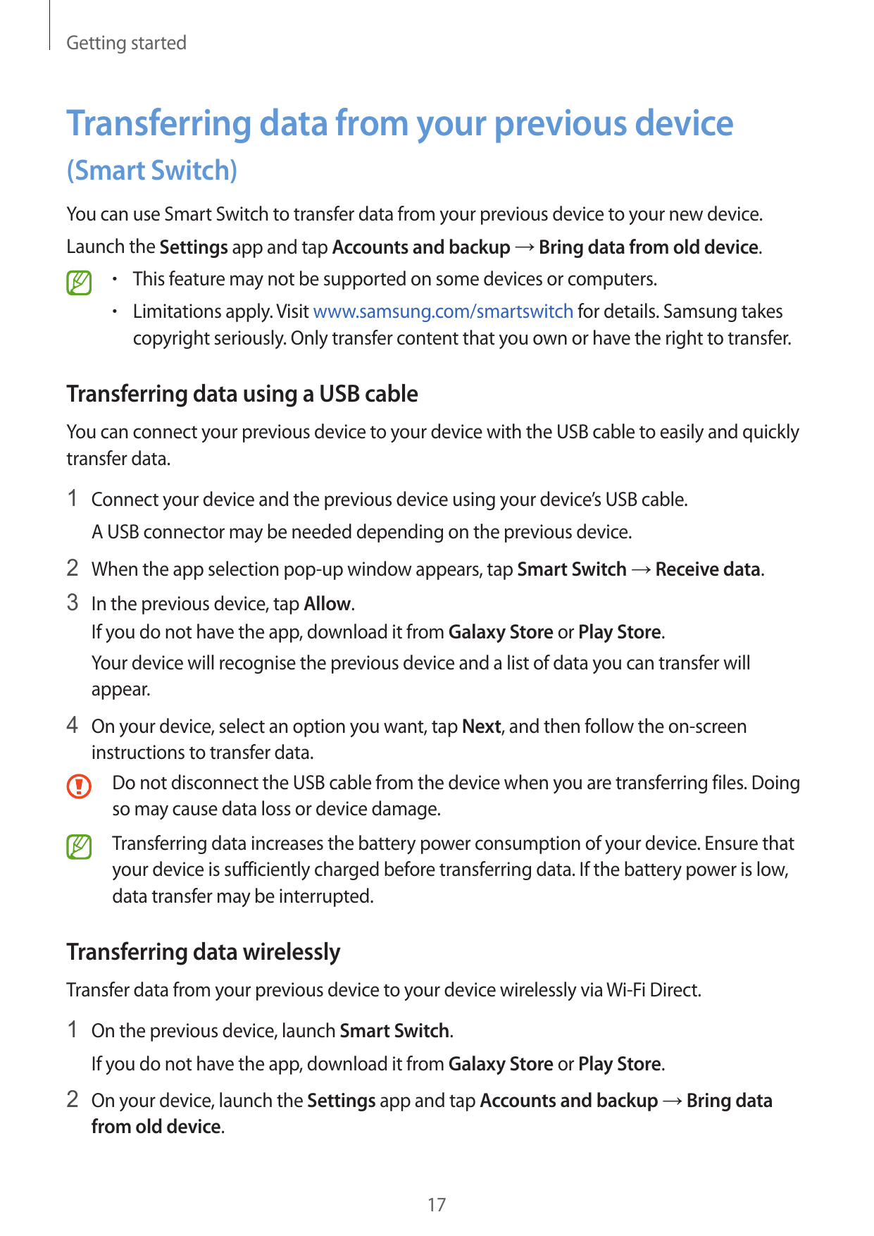 Getting startedTransferring data from your previous device(Smart Switch)You can use Smart Switch to transfer data from your prev