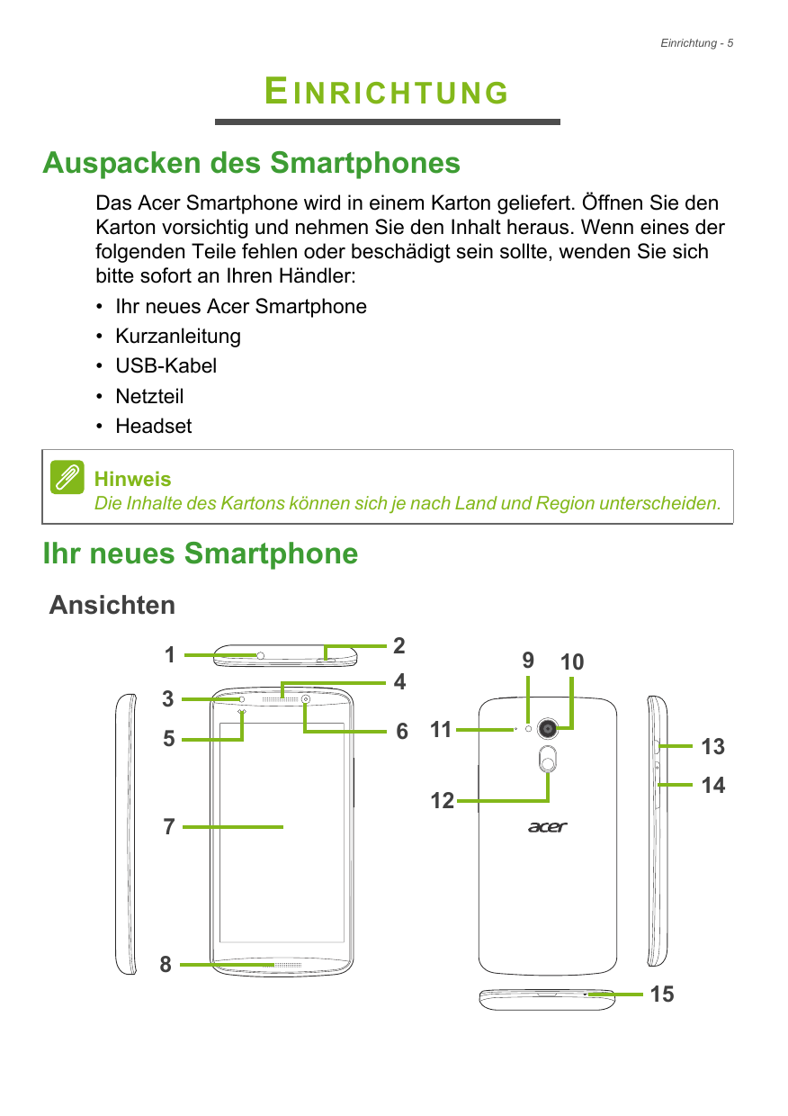 Einrichtung - 5EINRICHTUNGAuspacken des SmartphonesDas Acer Smartphone wird in einem Karton geliefert. Öffnen Sie denKarton vors