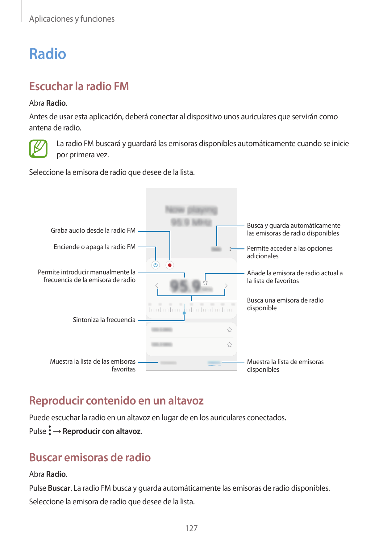 Aplicaciones y funcionesRadioEscuchar la radio FMAbra Radio.Antes de usar esta aplicación, deberá conectar al dispositivo unos a