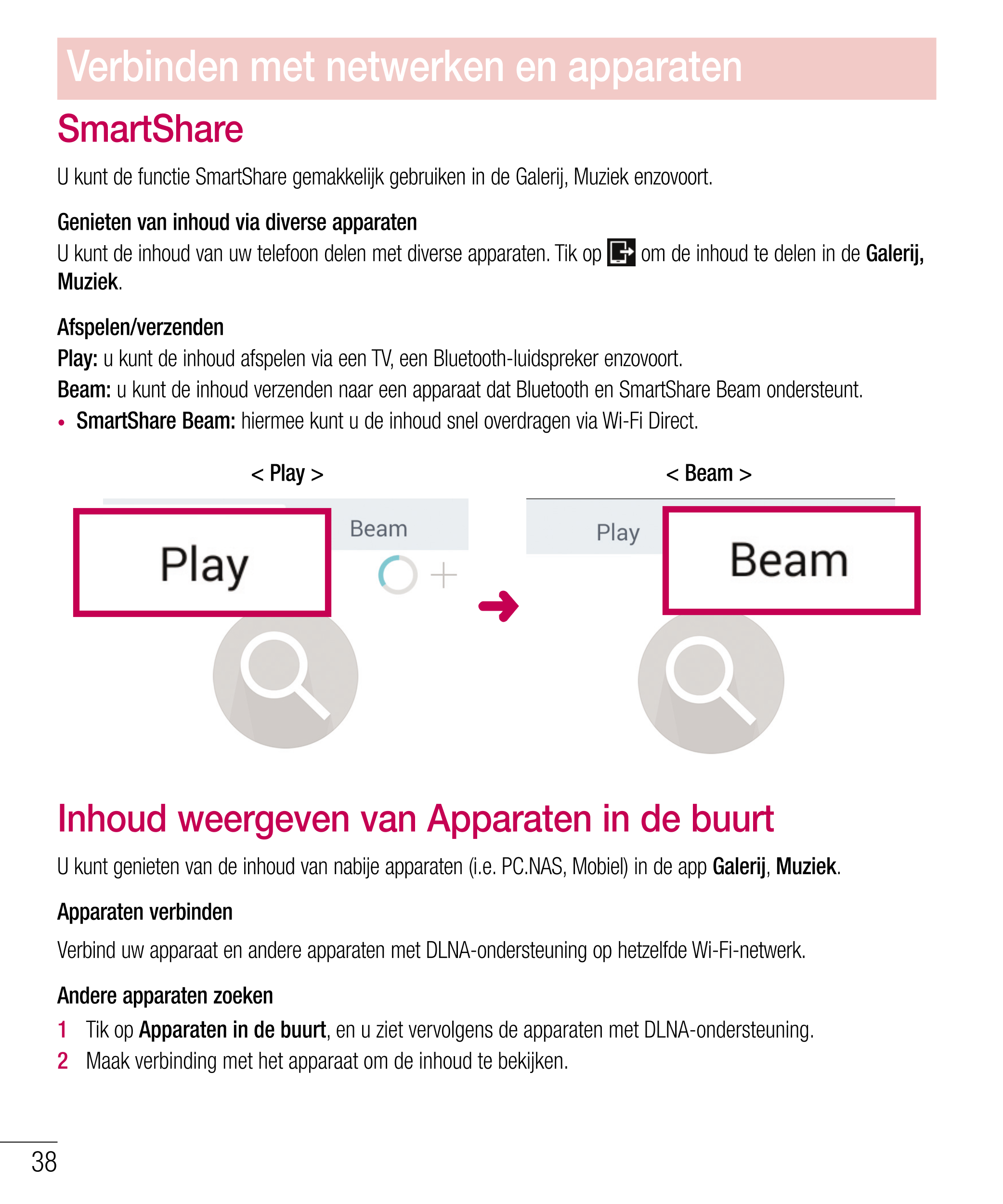 Verbinden met netwerken en apparaten
SmartShare
U kunt de functie SmartShare gemakkelijk gebruiken in de Galerij, Muziek enzovoo