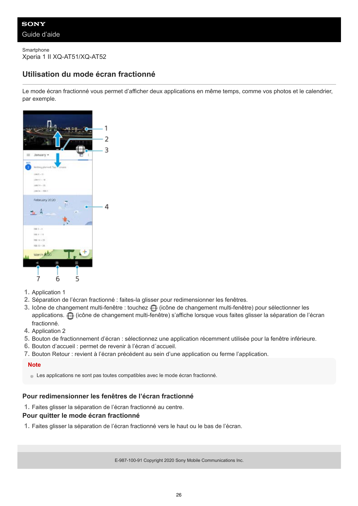 Guide d’aideSmartphoneXperia 1 II XQ-AT51/XQ-AT52Utilisation du mode écran fractionnéLe mode écran fractionné vous permet d’affi