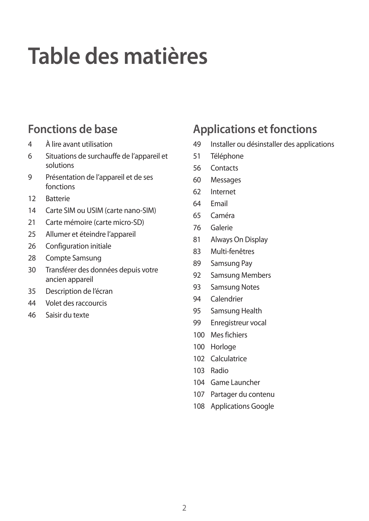 Table des matièresFonctions de baseApplications et fonctions4649 Installer ou désinstaller des applications51Téléphone56Contacts
