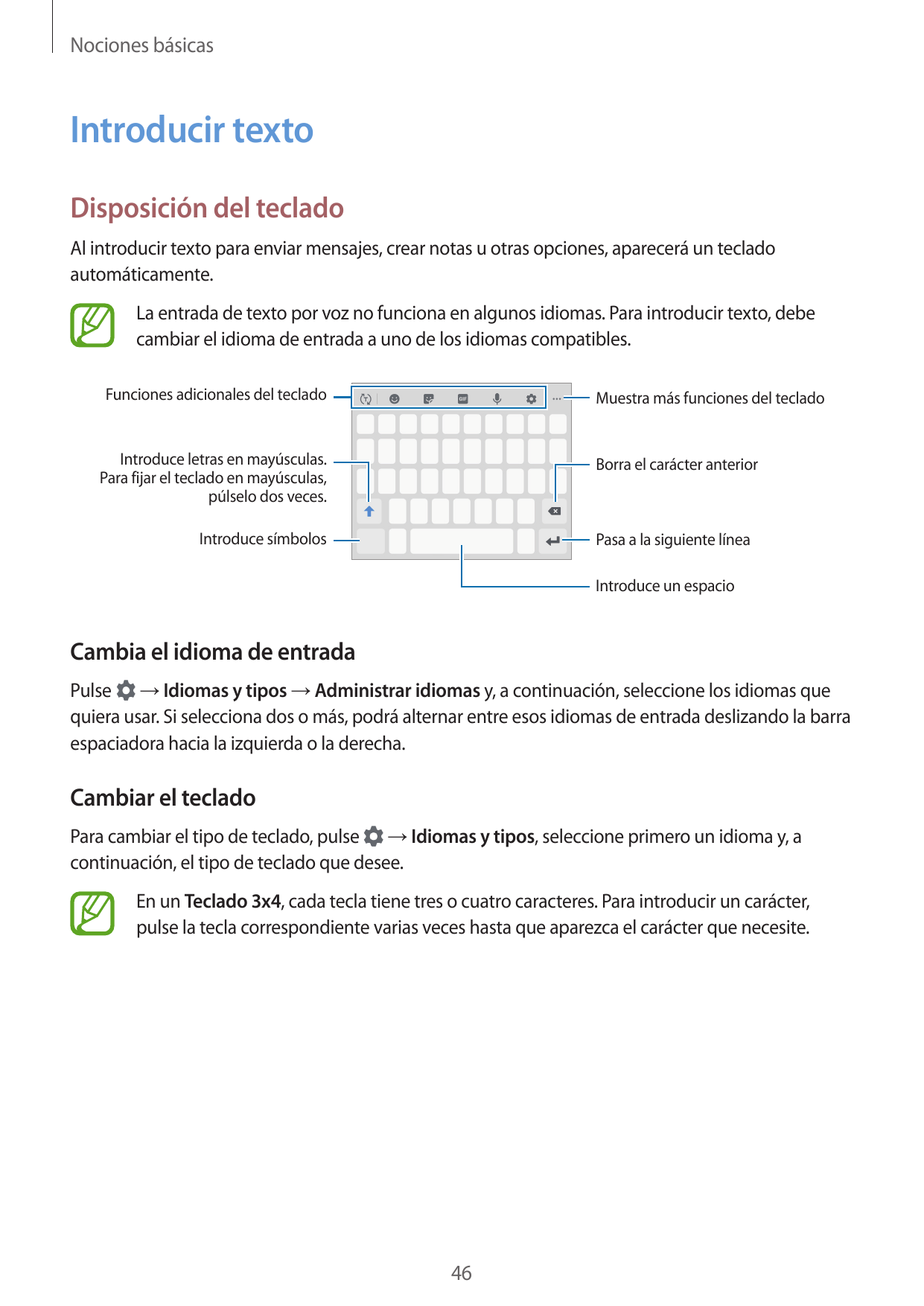 Nociones básicasIntroducir textoDisposición del tecladoAl introducir texto para enviar mensajes, crear notas u otras opciones, a