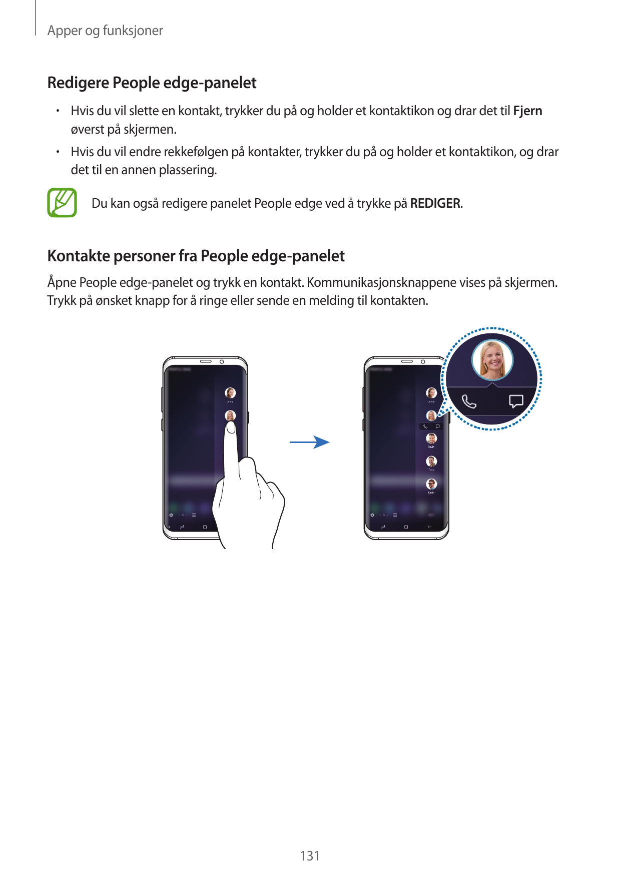 Apper og funksjonerRedigere People edge-panelet• Hvis du vil slette en kontakt, trykker du på og holder et kontaktikon og drar d