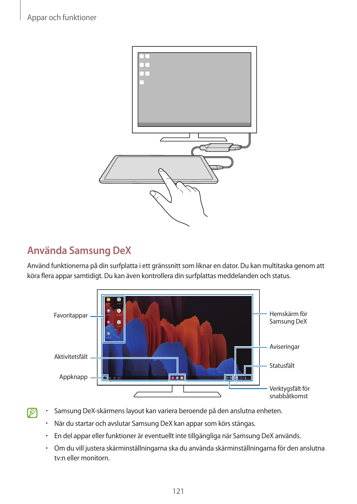 Appar och funktionerAnvända Samsung DeXAnvänd funktionerna på din surfplatta i ett gränssnitt som liknar en dator. Du kan multit