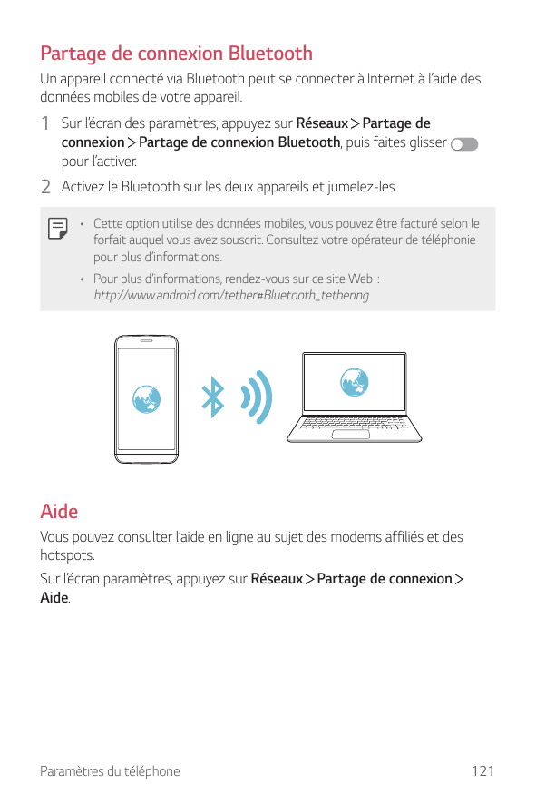 Partage de connexion BluetoothUn appareil connecté via Bluetooth peut se connecter à Internet à l’aide desdonnées mobiles de vot