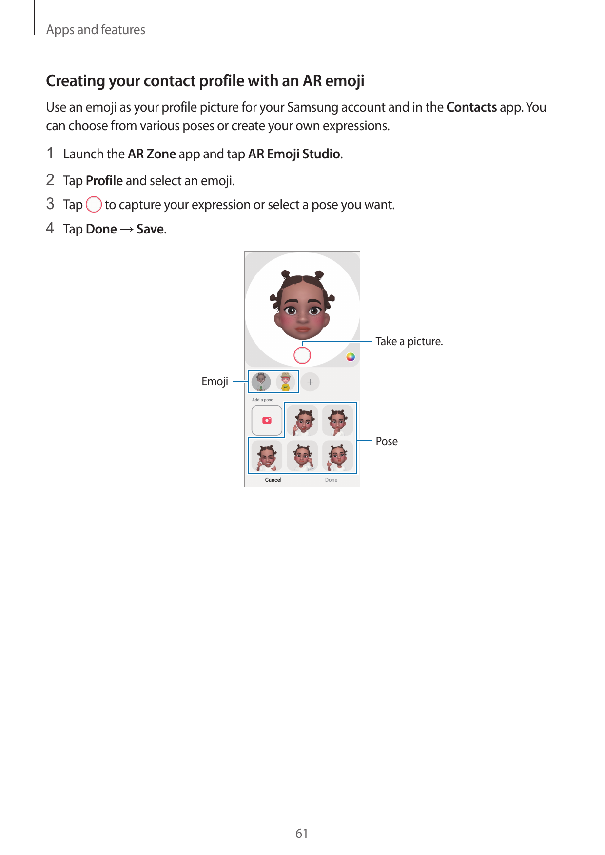 Apps and featuresCreating your contact profile with an AR emojiUse an emoji as your profile picture for your Samsung account and