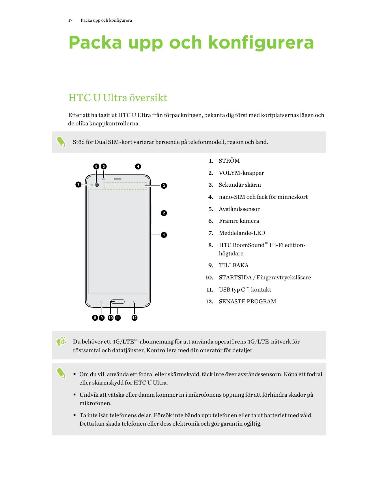 17Packa upp och konfigureraPacka upp och konfigureraHTC U Ultra översiktEfter att ha tagit ut HTC U Ultra från förpackningen, be