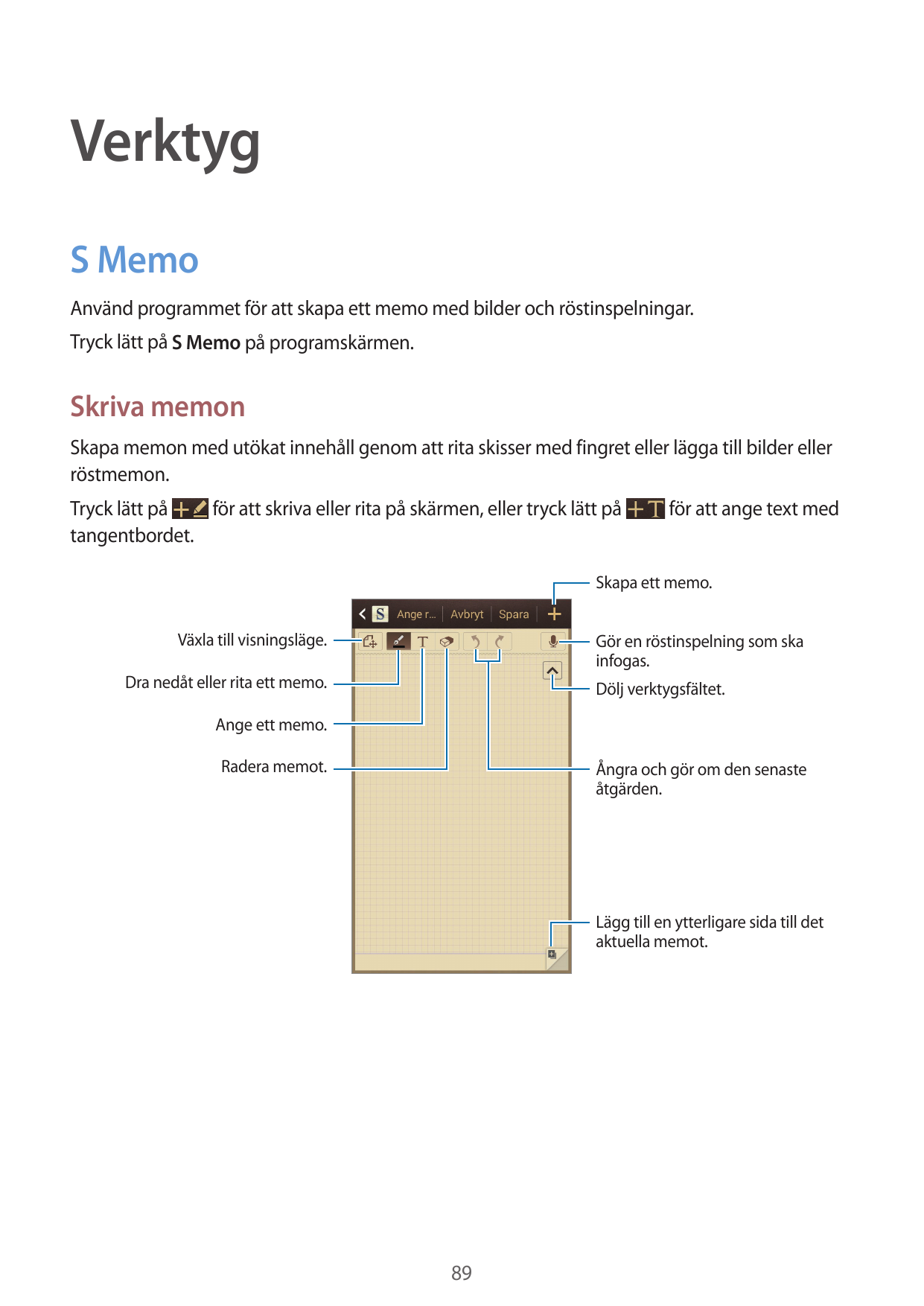 VerktygS MemoAnvänd programmet för att skapa ett memo med bilder och röstinspelningar.Tryck lätt på S Memo på programskärmen.Skr