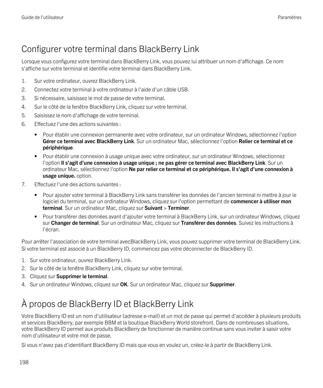 Guide de l'utilisateurParamètresConfigurer votre terminal dans BlackBerry LinkLorsque vous configurez votre terminal dans BlackB