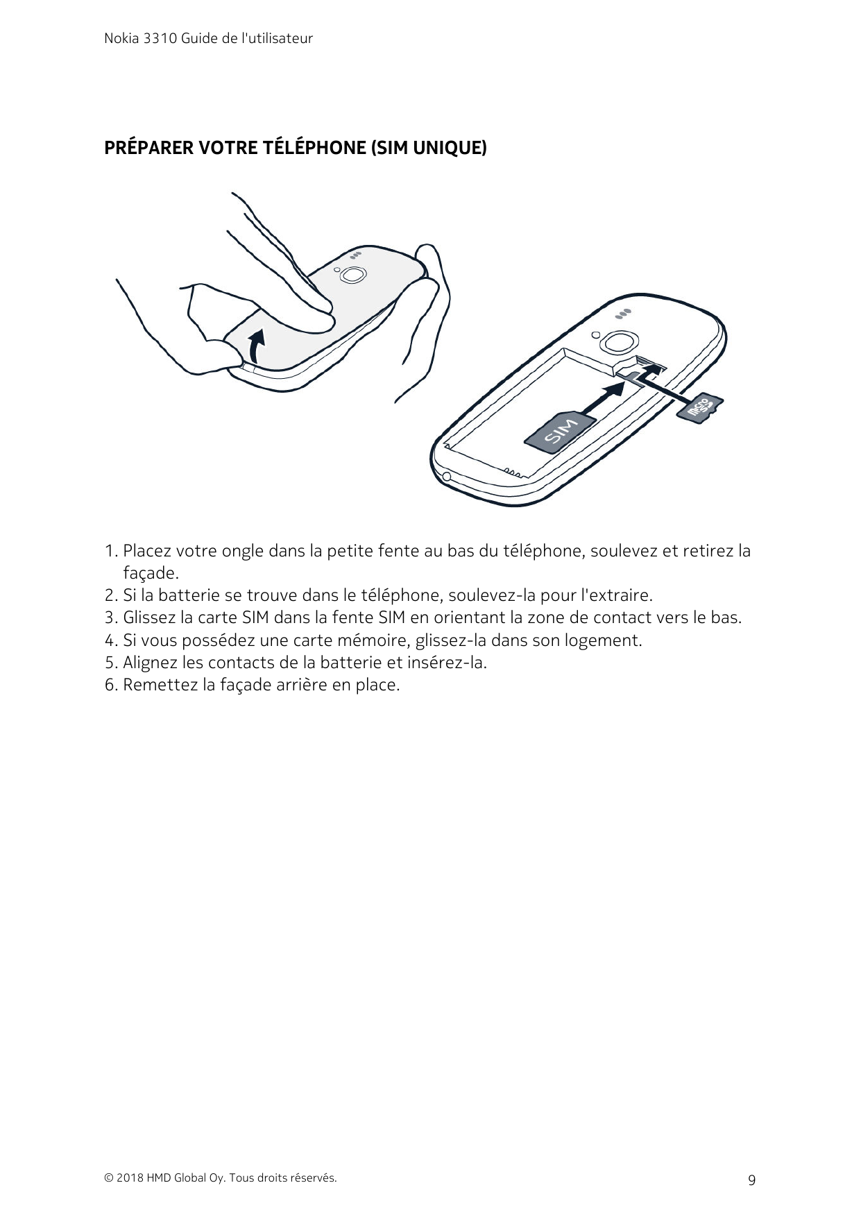 Nokia 3310 Guide de l'utilisateurPRÉPARER VOTRE TÉLÉPHONE (SIM UNIQUE)1. Placez votre ongle dans la petite fente au bas du télép
