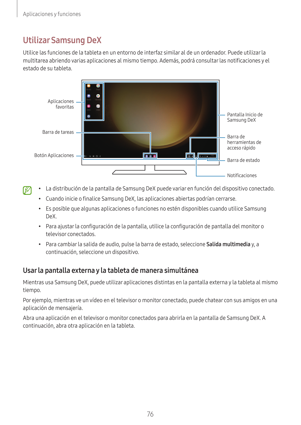 Aplicaciones y funcionesUtilizar Samsung DeXUtilice las funciones de la tableta en un entorno de interfaz similar al de un orden