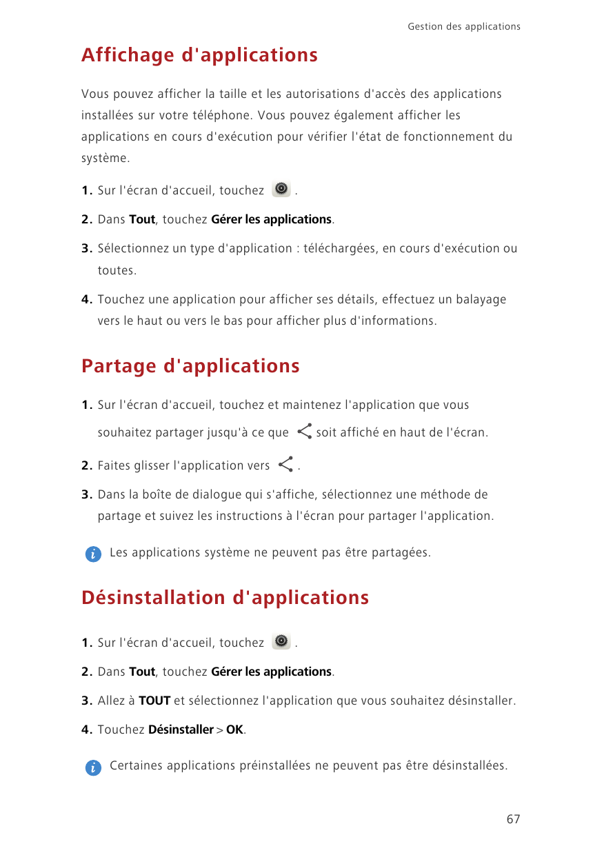 Gestion des applicationsAffichage d'applicationsVous pouvez afficher la taille et les autorisations d'accès des applicationsinst