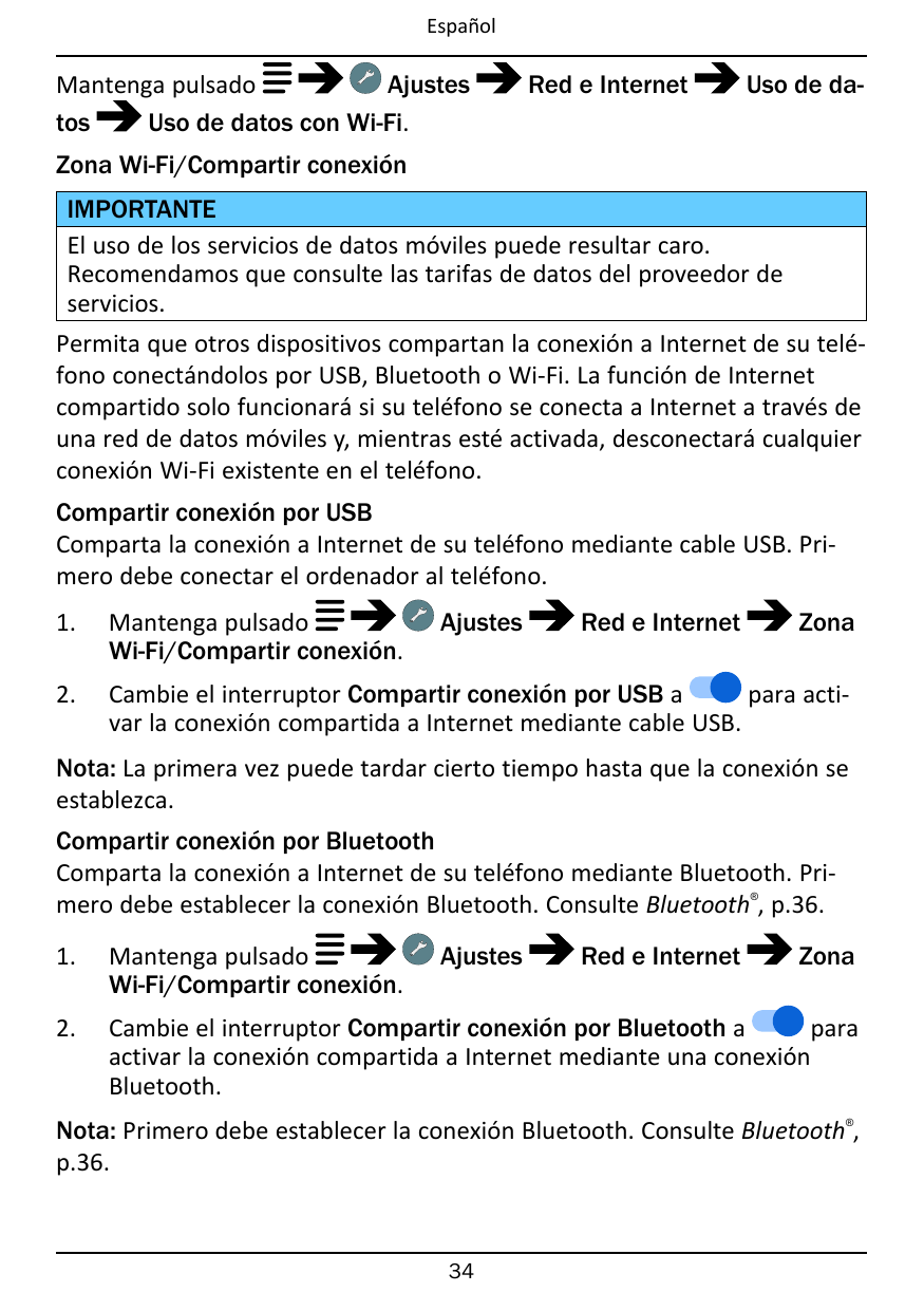 EspañolMantenga pulsadoAjustestosUso de datos con Wi-Fi.Red e InternetUso de da-Zona Wi-Fi/Compartir conexiónIMPORTANTEEl uso de