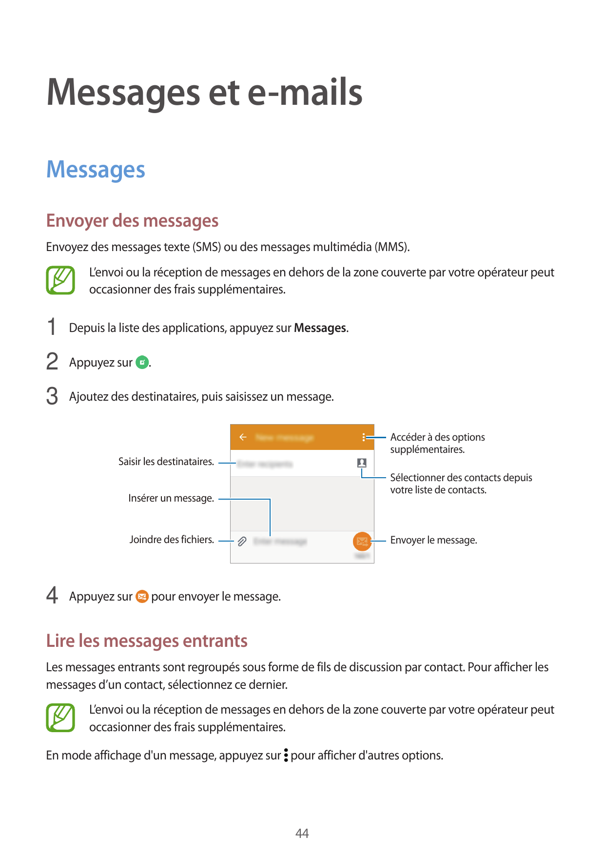 Messages et e-mailsMessagesEnvoyer des messagesEnvoyez des messages texte (SMS) ou des messages multimédia (MMS).L’envoi ou la r