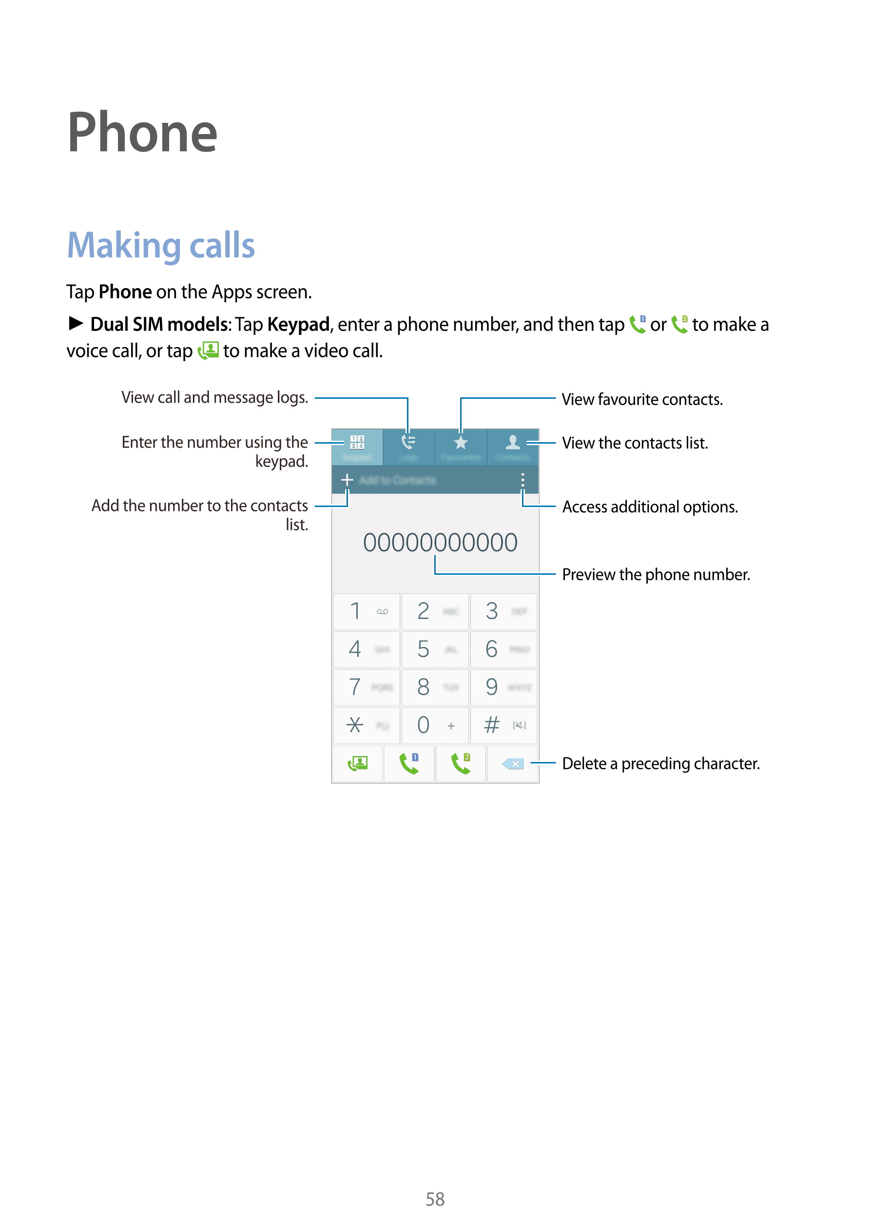 Phone
Making calls
Tap  Phone on the Apps screen.
►  Dual SIM models: Tap  Keypad, enter a phone number, and then tap   or   to 